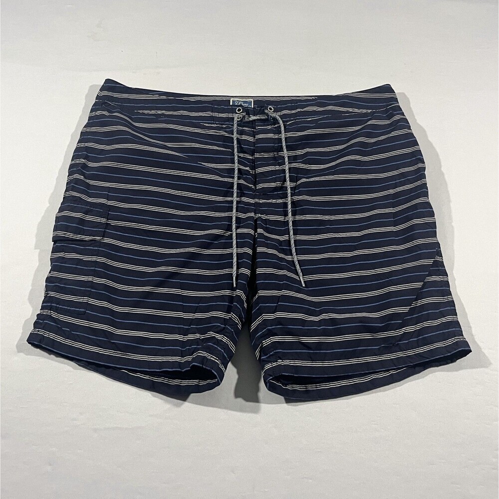 J. Crew Swim Trunks Mens Blue Striped Poly Preppy Surf Shorts Drawstring Sz 38